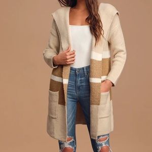 Lulus Carlsbad Tan and Beige Hooded Cardigan Sweater